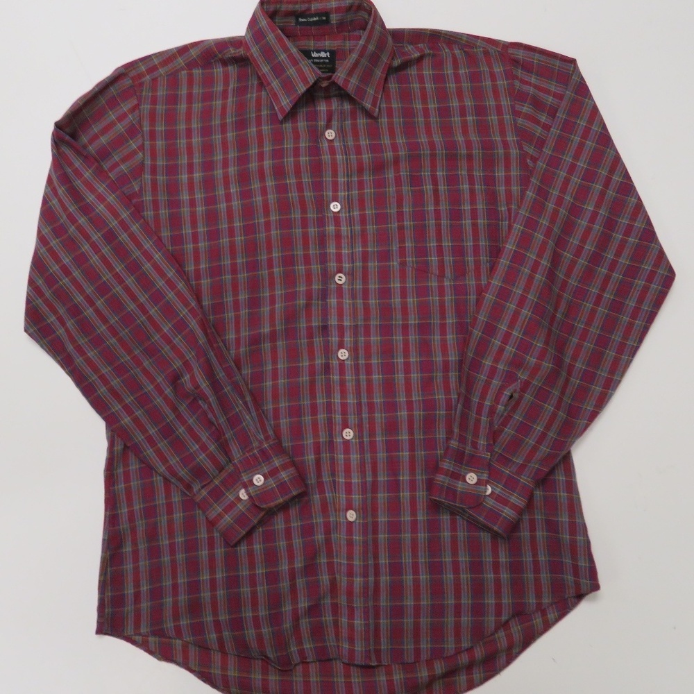Van Cort Woolworth Button Up‎ Shirt Red Plaid Medium 15 - 15 1/2 VTG Towne Club